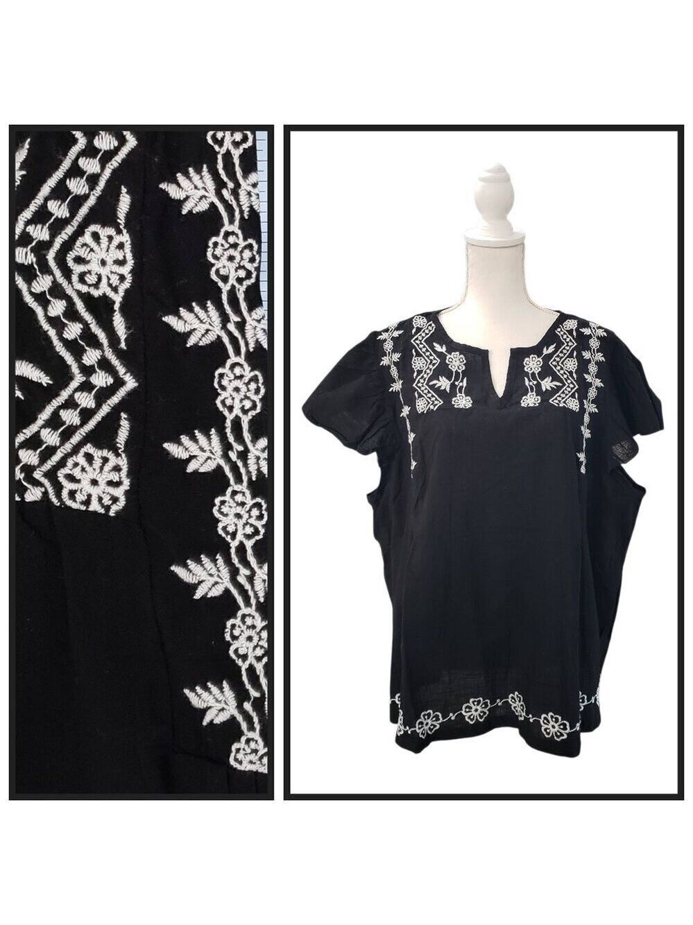 Jennifer & Grace Black Embroidered Boho Top Size 3X NWT